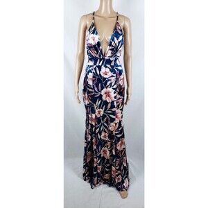 Floral Velvet Dress Blue Womens L Deep V Open Back Maxi Romantic Cocktail Date